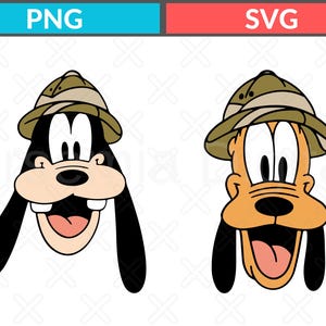 Puede incluir: Dos caras de perros de dibujos animados, una negra y otra marrón, ambas con sombreros de safari. El perro negro tiene un hocico blanco y dientes grandes. El perro marrón tiene un hocico marrón y la boca muy abierta. La imagen tiene los textos "PNG" y "SVG".