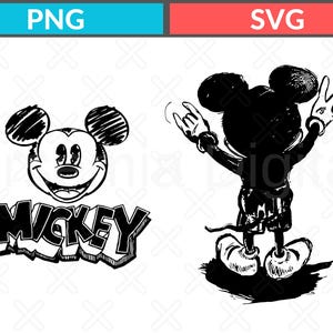 Könnte beinhalten: Schwarz-Weiß-Skizze von Mickey Mouse. Ein Bild zeigt Mickeys Gesicht mit dem Wort "Mickey" darunter. Das andere Bild ist eine Silhouette von Mickey Mouse mit erhobenen Armen in einer Rock'n'Roll-Geste.