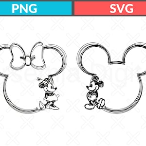 Puede incluir: Dibujo lineal en blanco y negro de Mickey y Minnie Mouse. Cada personaje est&aacute; dentro de un contorno de cabeza de Mickey Mouse. Minnie Mouse lleva un lazo y un sombrero. La imagen tiene el texto "PNG" y "SVG" en la parte superior.
