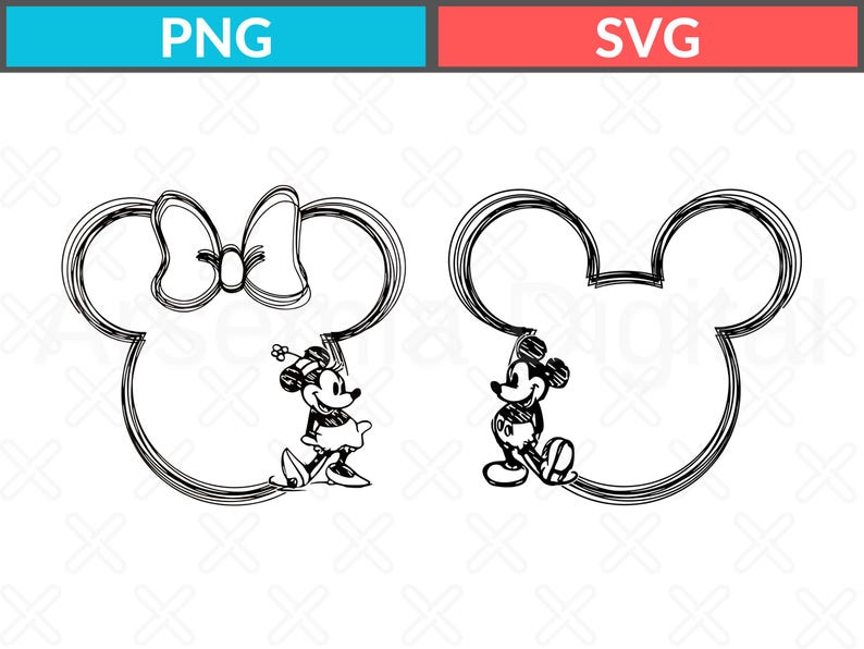 Puede incluir: Dibujo lineal en blanco y negro de Mickey y Minnie Mouse. Cada personaje est&aacute; dentro de un contorno de cabeza de Mickey Mouse. Minnie Mouse lleva un lazo y un sombrero. La imagen tiene el texto "PNG" y "SVG" en la parte superior.