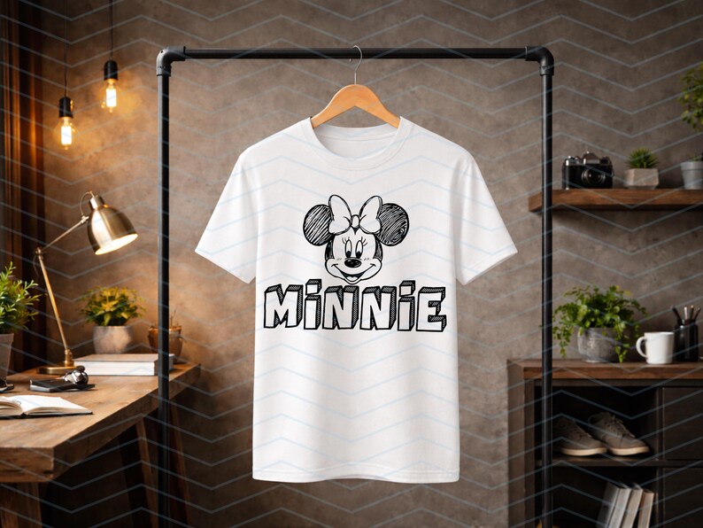 May include: White t-shirt with a black and white Minnie Mouse design. The graphic shows Minnie's face, bow, and the name "MINNIE". The t-shirt is displayed on a wooden hanger.