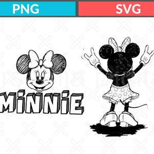 May include: Black and white Minnie Mouse graphic. The image features Minnie Mouse's face and the word "Minnie" in a block letter style. The image also shows Minnie Mouse from the back, with her arms raised in a rock-and-roll gesture.