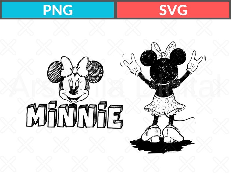 May include: Black and white Minnie Mouse graphic. The image features Minnie Mouse's face and the word "Minnie" in a block letter style. The image also shows Minnie Mouse from the back, with her arms raised in a rock-and-roll gesture.