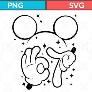 Op de afbeelding: Zwart-wit grafisch ontwerp met Mickey Mouse oren, handen die het 'OK' gebaar vormen en het nummer '67'. Het ontwerp bevat ster-vormige accenten, ideaal voor kleding of knutselwerk.