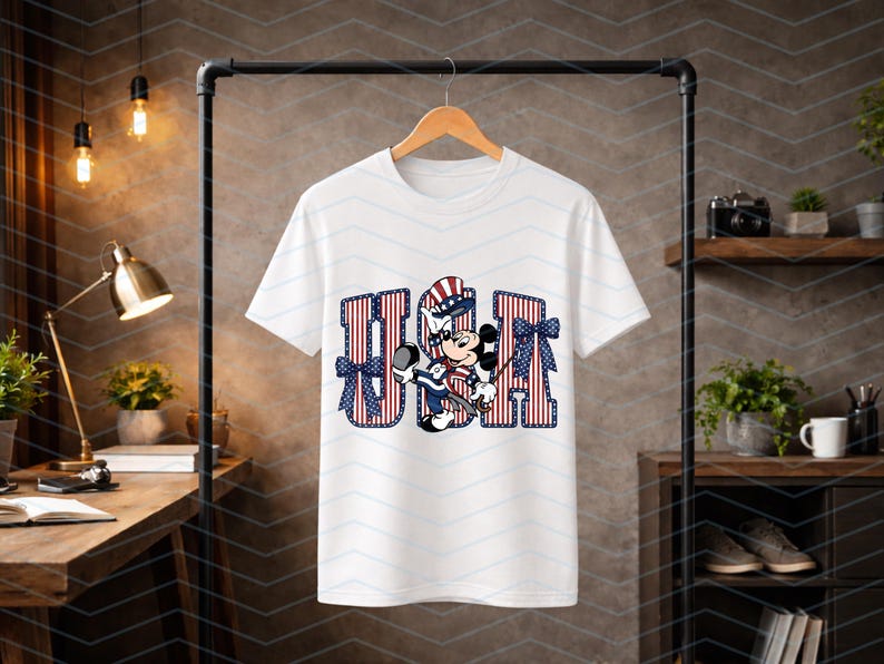 May include: A white short-sleeved t-shirt featuring a graphic of a cartoon mouse wearing a patriotic top hat. The letters USA are printed in a red and white striped pattern with blue star accents and blue bows on the sides of the letters.