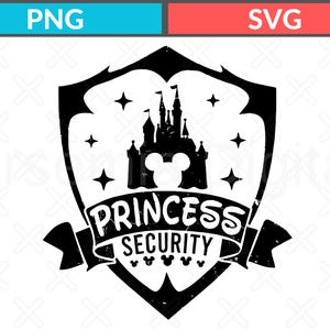 Op de afbeelding: Zwart-wit grafisch ontwerp met een schild met een kasteelsilhouet, sterren en de tekst "PRINCESS SECURITY". Onder de tekst staan drie silhouetten van Mickey Mouse-hoofden.