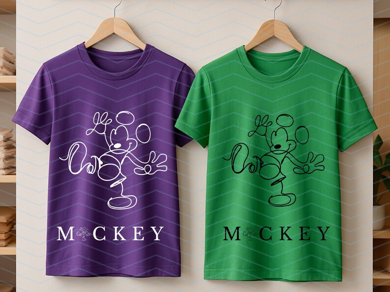 Puede incluir: Dos camisetas de manga corta y cuello redondo colgadas en perchas de madera. La camiseta de la izquierda es morada con un dibujo de l&iacute;nea continua blanca de un rat&oacute;n de dibujos animados y el texto MOCKEY. La de la derecha es verde con negro.