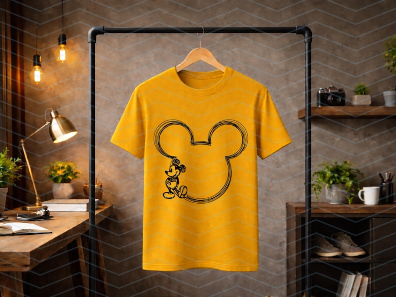 Puede incluir: Camiseta amarilla mostaza con un contorno negro de la cabeza de Mickey Mouse y una ilustraci&oacute;n detallada de Mickey Mouse. La camiseta est&aacute; colgada en una percha negra en una habitaci&oacute;n con escritorio y estanter&iacute;as.