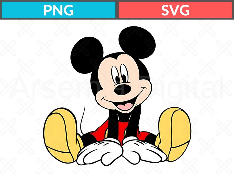 May include: A cartoon illustration of Mickey Mouse sitting with his legs crossed and his hands in his lap. He is wearing red shorts and yellow shoes. Mickey Mouse has black ears and a black nose.