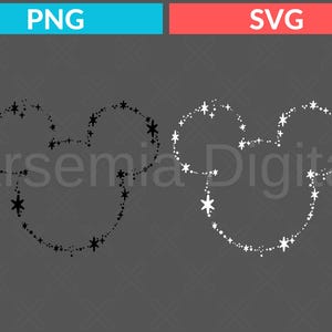 Peut inclure: Silhouette noire et blanche des oreilles de Mickey Mouse faites d'une chaîne d'étoiles.