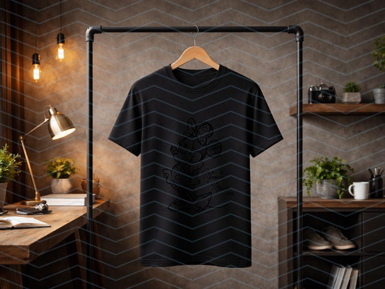 May include: Black t-shirt with a line drawing of a stack of hearts. The shirt is hanging on a wooden hanger from a black metal clothing rack. The background includes a wooden desk, shelves, and a decorative wall.