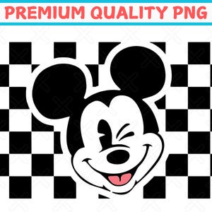 May include: Black and white illustration of Mickey Mouse winking with a checkered background.