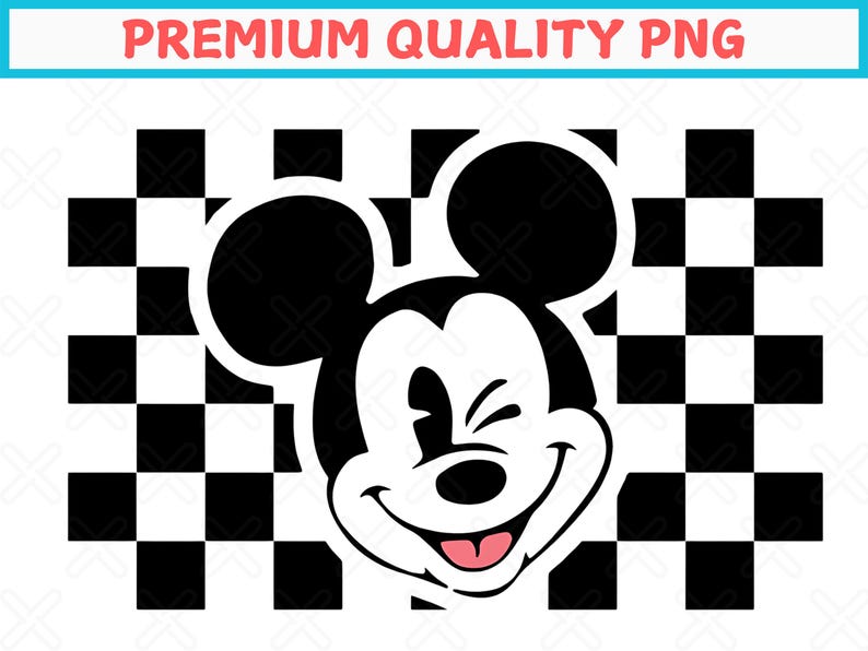 May include: Black and white illustration of Mickey Mouse winking with a checkered background.