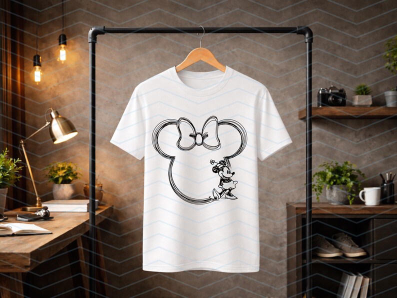 Puede incluir: Camiseta blanca con un contorno negro de la cabeza y el lazo de Minnie Mouse. El dise&ntilde;o incluye una ilustraci&oacute;n detallada de Minnie Mouse. La camiseta est&aacute; colgada en una percha de madera.