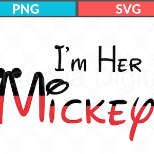 Op de afbeelding: Zwarte en rode tekstafbeelding met de tekst "I'm Her Mickey".