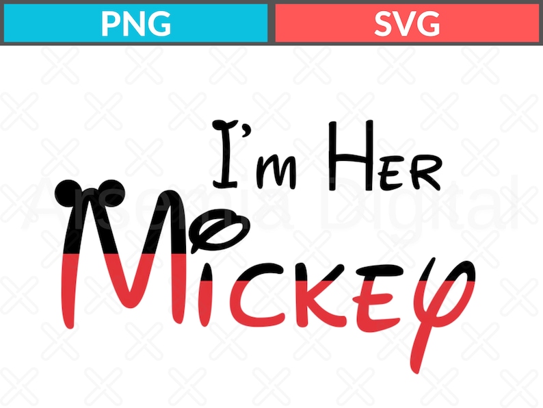 Op de afbeelding: Zwarte en rode tekstafbeelding met de tekst "I'm Her Mickey".