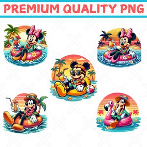 May include: A collection of colorful cartoon illustrations featuring Mickey Mouse, Minnie Mouse, and Goofy enjoying tropical drinks while floating on inflatable rings. The images have a sunset backdrop and the text "PREMIUM QUALITY PNG".