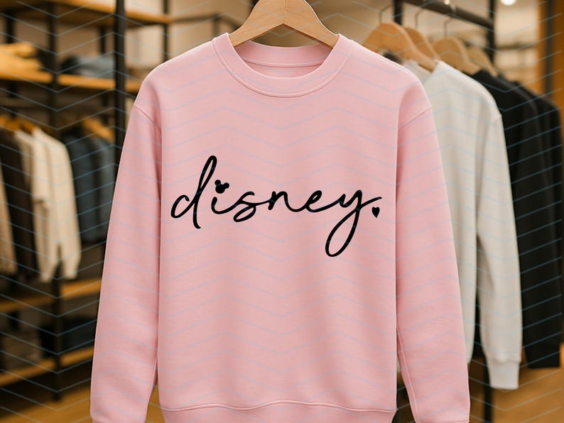 Op de afbeelding: Een lichtroze crewneck sweatshirt met het woord "disney" in zwart script. De "i" in het woord is vervangen door een Mickey Mouse-hoofd en een hart vervangt de punt. Andere sweatshirts hangen op de achtergrond.