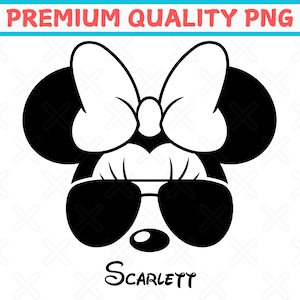 May include: A black and white graphic of a cartoon character's face, featuring large round ears, a bow, sunglasses, and a nose. The name "Scarlett" is written below the face. The text "PREMIUM QUALITY PNG" is at the top.