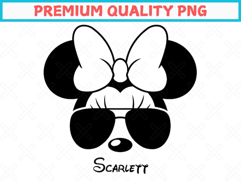 May include: A black and white graphic of a cartoon character's face, featuring large round ears, a bow, sunglasses, and a nose. The name "Scarlett" is written below the face. The text "PREMIUM QUALITY PNG" is at the top.