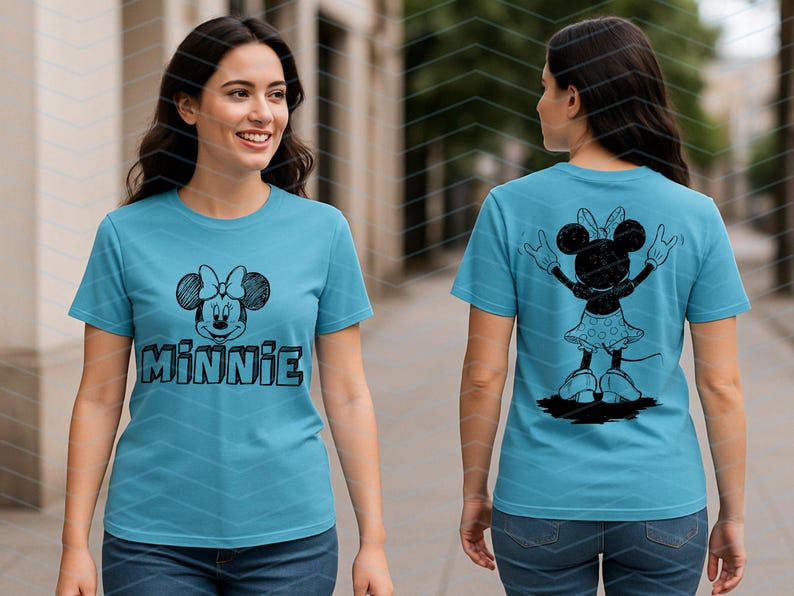 May include: A turquoise t-shirt with a black Minnie Mouse sketch on the front, and the name "MINNIE" below. The back displays a black silhouette of Minnie Mouse with raised arms. The shirt is made of a soft material.