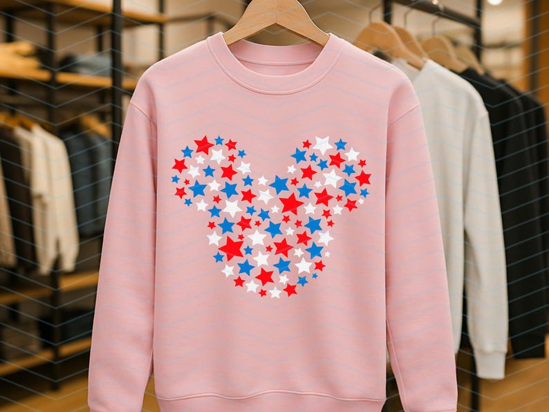 May include: A light pink crewneck sweatshirt featuring a central graphic composed of numerous small red, white, and blue stars arranged to form the distinct silhouette of a mouse head with two circular ears and a rounded face shape.