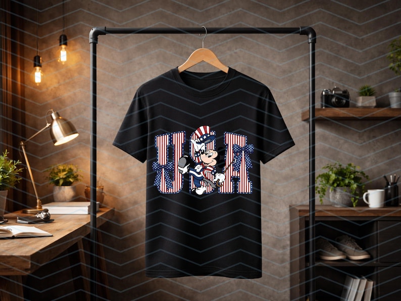 May include: A black short-sleeved t-shirt featuring a graphic of a cartoon mouse wearing a patriotic hat and outfit. The letters USA are printed in a red, white, and blue striped pattern behind the character, accented with blue bows.