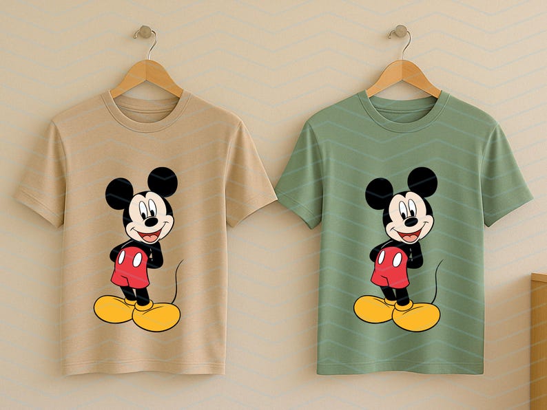 May include: Two short-sleeve crew neck t-shirts hanging on wooden hangers. One shirt is light tan and the other is sage green. Both feature a centered graphic print of Mickey Mouse wearing red shorts and yellow shoes on a white and black body.