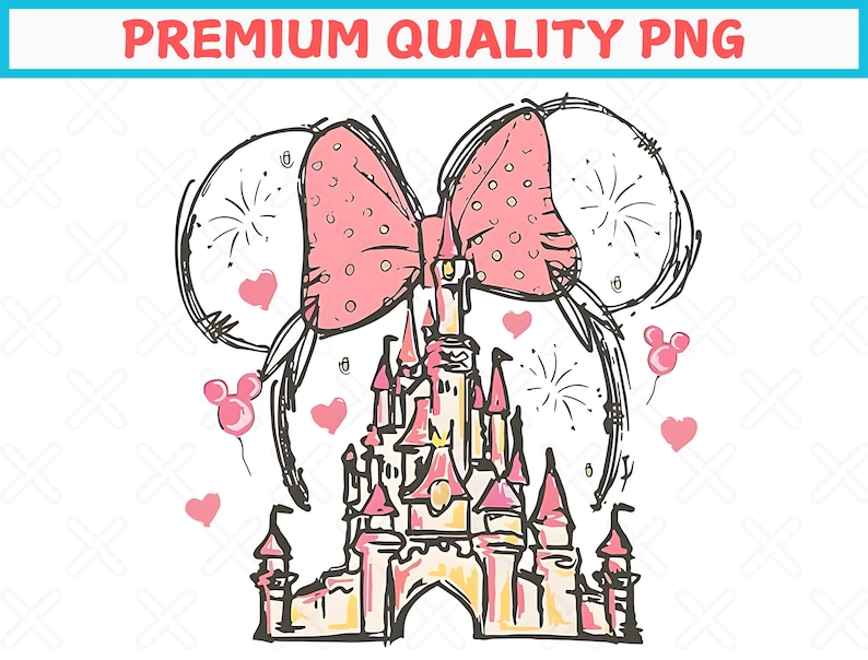 Pu&ograve; includere: Un'illustrazione di cartone animato rosa e bianco di un castello con un grande fiocco rosa in cima. Il castello &egrave; circondato da fuochi d'artificio e cuori.