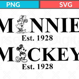 Pu&ograve; includere: Grafica in bianco e nero con i nomi "Minnie" e "Mickey" e le loro immagini dei cartoni animati. Il testo "Est. 1928" appare sotto ogni nome, indicando l'anno di fondazione.