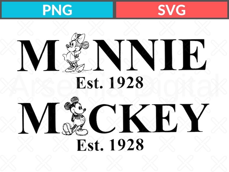 Pu&ograve; includere: Grafica in bianco e nero con i nomi "Minnie" e "Mickey" e le loro immagini dei cartoni animati. Il testo "Est. 1928" appare sotto ogni nome, indicando l'anno di fondazione.