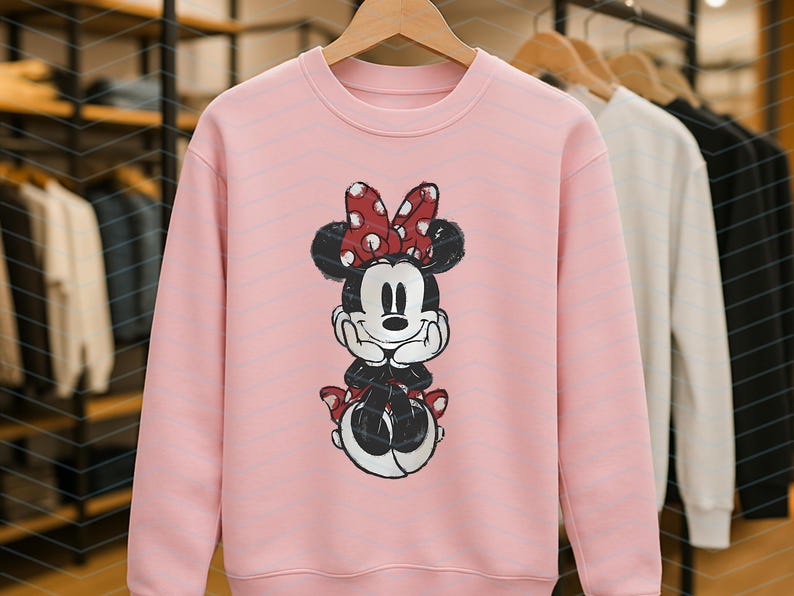 May include: A light pink sweatshirt featuring a Minnie Mouse graphic. The cartoon character is depicted with a red bow with white polka dots, black ears, and a black and white outfit. The sweatshirt is displayed on a wooden hanger.