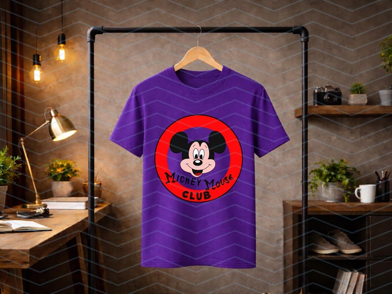 May include: A purple short-sleeved t-shirt featuring a graphic of Mickey Mouse inside a red circle. The text "Mickey Mouse Club" is printed in black lettering within the lower portion of the red circle. The shirt is displayed on a wooden hanger.