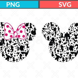 May include: Two mouse-shaped silhouettes filled with black character outlines and stars. The left silhouette features a large pink bow with white polka dots. The right silhouette contains only black character outlines and stars. Text labels PNG and SVG appear above.