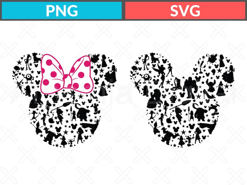 May include: Two mouse-shaped silhouettes filled with black character outlines and stars. The left silhouette features a large pink bow with white polka dots. The right silhouette contains only black character outlines and stars. Text labels PNG and SVG appear above.