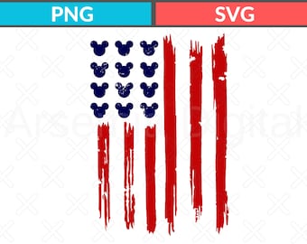 Peut inclure: Un graphisme représentant un drapeau américain stylisé avec une texture vieillie. Le canton bleu contient douze silhouettes d'oreilles de souris bleu foncé disposées en grille, tandis que les bandes sont des traits de pinceau rouges verticaux.