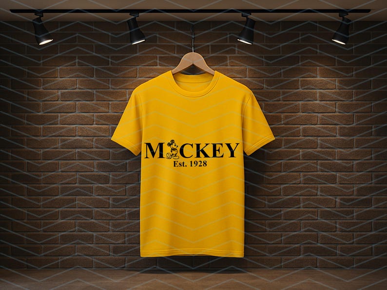 Pu&ograve; includere: Una maglietta gialla con la scritta "Mickey" in nero, con una grafica di Mickey Mouse e la scritta "Est. 1928". La maglietta &egrave; appesa a una gruccia di legno su uno sfondo di muro di mattoni.