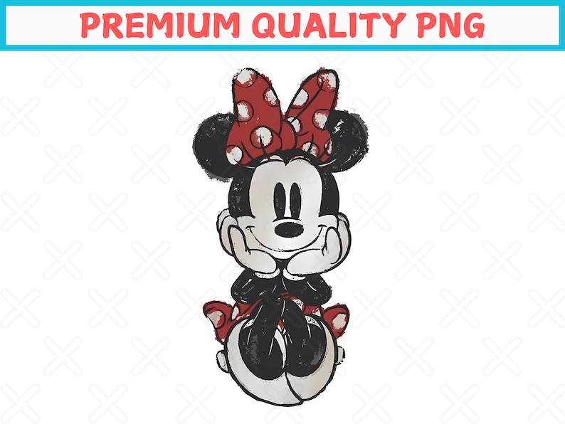 May include: A distressed graphic of Minnie Mouse in black, white, and red. She is wearing a red bow with white polka dots. The text "PREMIUM QUALITY PNG" is in a blue and red banner at the top.
