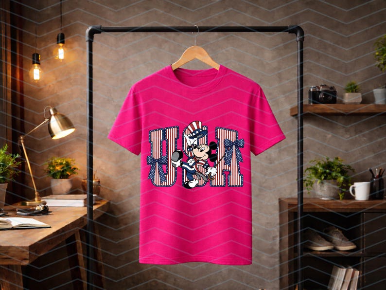 May include: A bright pink short-sleeved t-shirt featuring a large graphic on the front. The graphic displays the letters USA in a red and white striped pattern, accented with blue polka-dot bows, and a central illustration of Mickey Mouse.