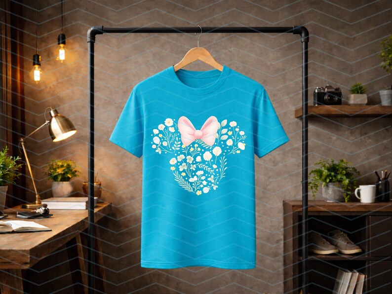 May include: A turquoise t-shirt with a floral design in the shape of a mouse head. The design includes a pink bow and white flowers. The shirt is hanging on a wooden hanger.