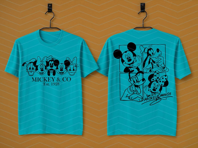 May include: A bright turquoise short-sleeve t-shirt featuring black line art graphics. The front displays five Disney character faces with the text MICKEY & CO EST. 1928. The back shows a four-panel grid of characters and the text MICKEY MOUSE.