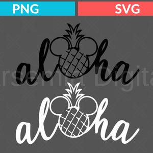 May include: Black and white graphic of the word "aloha" with a pineapple design incorporating Mickey Mouse ears. The image is available in PNG and SVG formats, perfect for tropical-themed crafts and designs.
