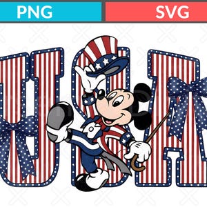 May include: A digital graphic featuring the letters USA in red and white vertical stripes with blue and white star-patterned borders. A cartoon mouse character wearing a patriotic top hat and suit stands in the centre, holding a thin brown cane.