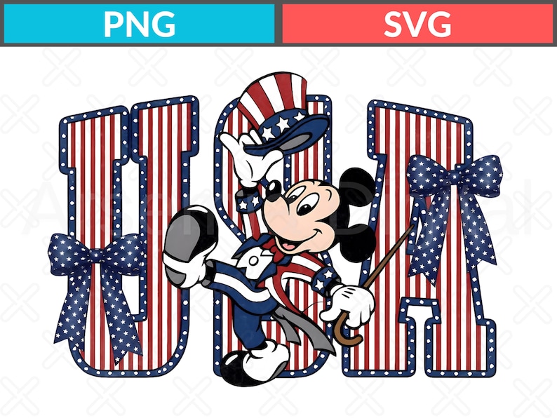 May include: A digital graphic featuring the letters USA in red and white vertical stripes with blue and white star-patterned borders. A cartoon mouse character wearing a patriotic top hat and suit stands in the centre, holding a thin brown cane.