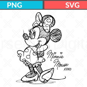 May include: A black and white sketch of Minnie Mouse, featuring her signature polka dot bow and dress. The image includes the text "Minnie Mouse xoxo" in a handwritten style, perfect for fans of Disney.