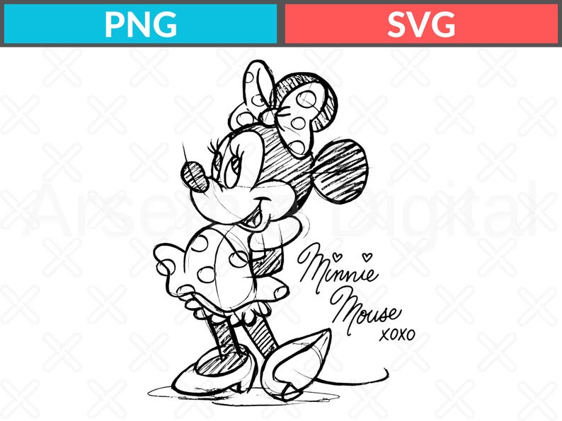 May include: A black and white sketch of Minnie Mouse, featuring her signature polka dot bow and dress. The image includes the text "Minnie Mouse xoxo" in a handwritten style, perfect for fans of Disney.