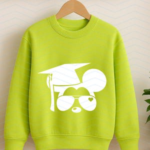 May include: Lime green sweatshirt with a white graphic of a mouse wearing a graduation cap and sunglasses with a heart. The sweatshirt is hanging on a wooden hanger.