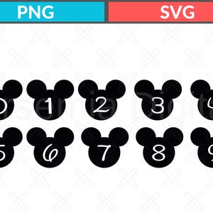 May include: Black Mickey Mouse head silhouettes with the numbers 0 through 9 inside. The word "PNG" is in a blue rectangle, and "SVG" is in a red rectangle above the silhouettes. The background is white with faint, repeating "X" shapes.