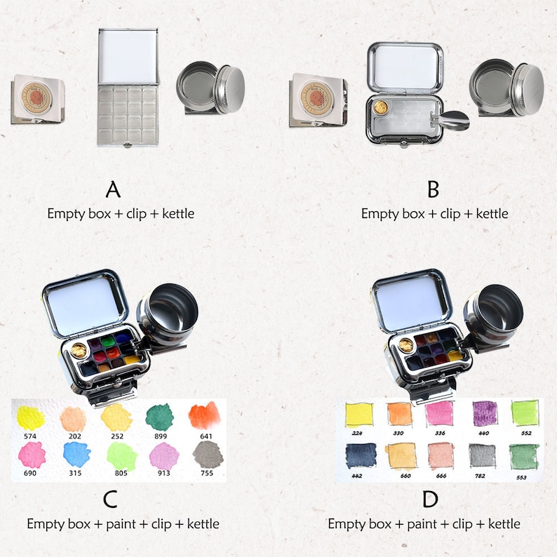 May include: Four watercolor paint sets with a metal box, a clip, and a small kettle. The sets are arranged in a grid pattern. The top two sets are empty, while the bottom two sets are filled with watercolor paints. The paint colors are labeled with numbers.