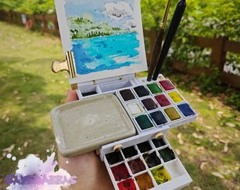 Kit Mini Aquarelle De Voyage - Palette Bois 8 Cases, 12 Couleurs, Papier Et Clip - Parfait Pour Débutants Et Artistes Nomades
